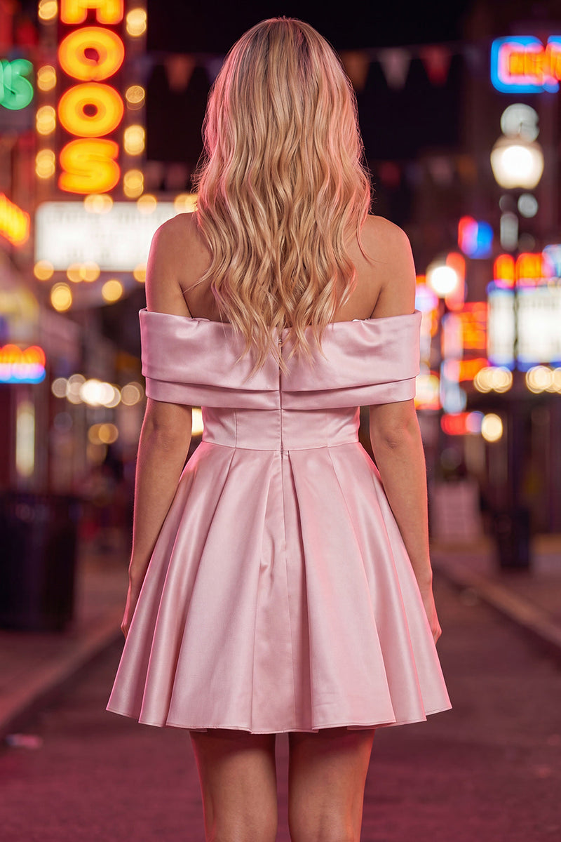 Load image into Gallery viewer, Pink Satin Off The Shoulder A-Line Short 80s Cocktail Dress