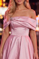 Load image into Gallery viewer, Pink Satin Off The Shoulder A-Line Short 80s Cocktail Dress