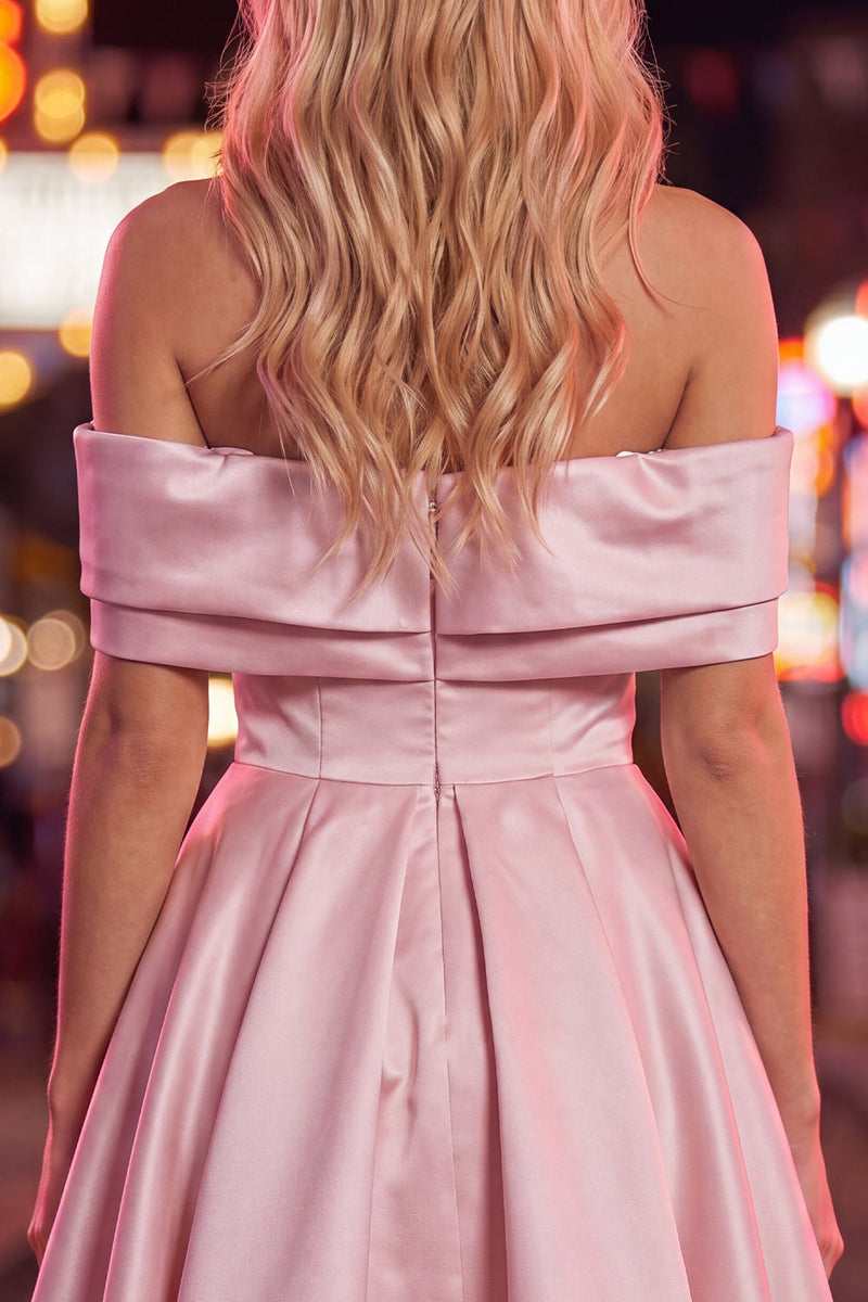 Load image into Gallery viewer, Pink Satin Off The Shoulder A-Line Short 80s Cocktail Dress