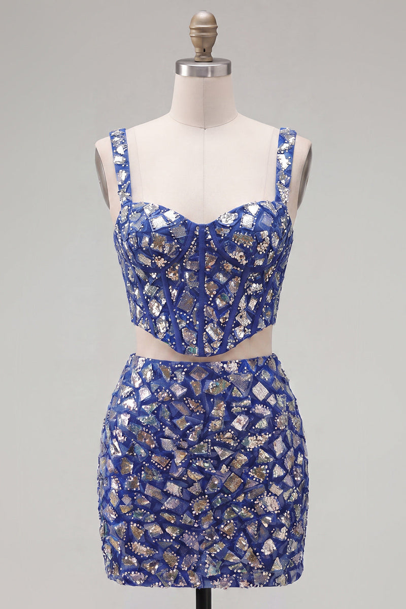 Load image into Gallery viewer, Sparkly Dark Blue 2 Piece Mirror Corset Tight Short Cocktail Dress