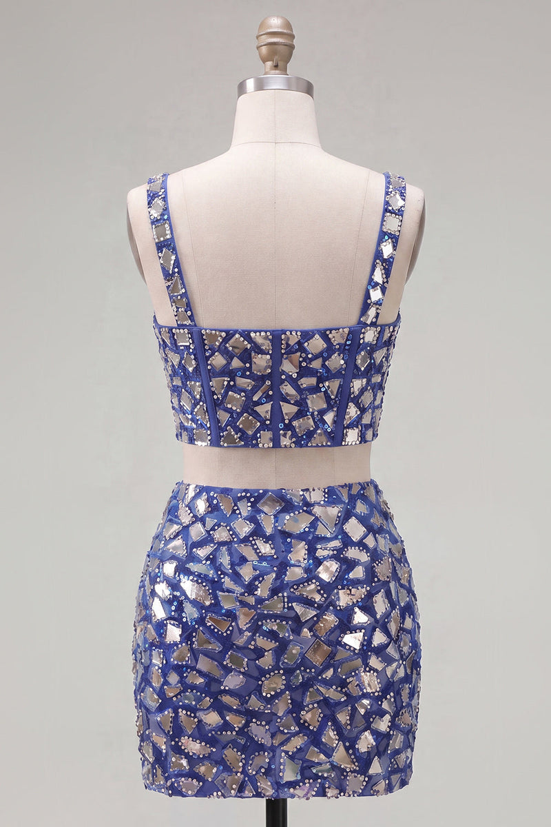 Load image into Gallery viewer, Sparkly Dark Blue 2 Piece Mirror Corset Tight Short Cocktail Dress