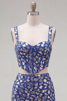 Load image into Gallery viewer, Sparkly Dark Blue 2 Piece Mirror Corset Tight Short Cocktail Dress