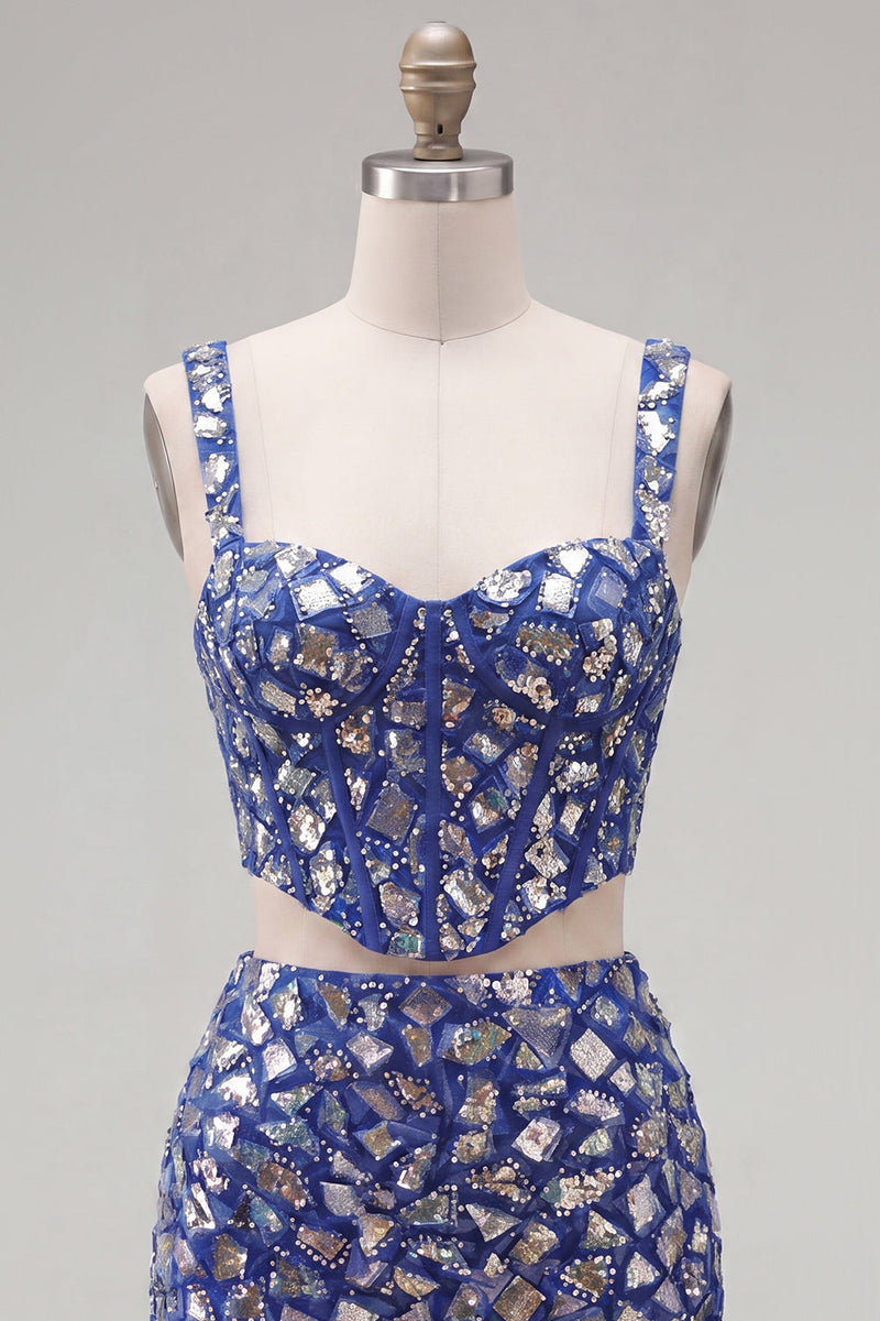 Load image into Gallery viewer, Sparkly Dark Blue 2 Piece Mirror Corset Tight Short Cocktail Dress