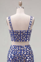 Load image into Gallery viewer, Sparkly Dark Blue 2 Piece Mirror Corset Tight Short Cocktail Dress
