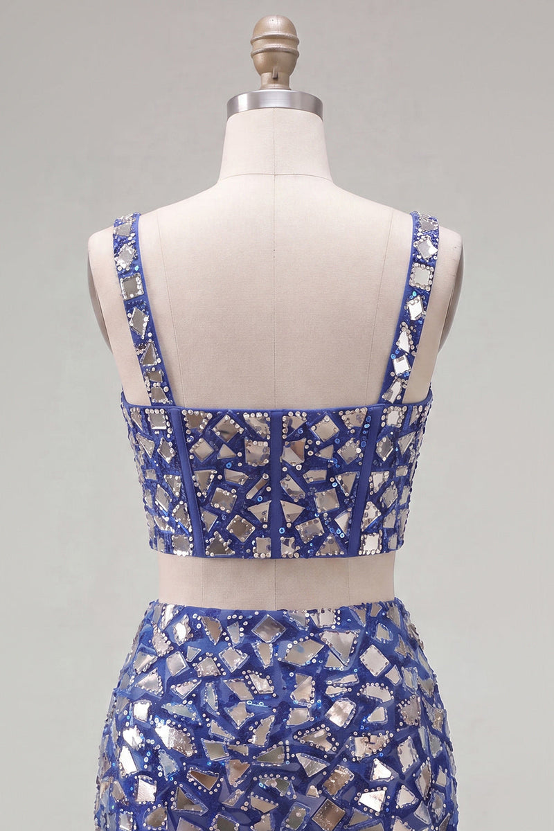 Load image into Gallery viewer, Sparkly Dark Blue 2 Piece Mirror Corset Tight Short Cocktail Dress