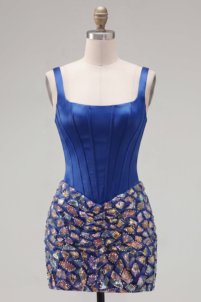 Load image into Gallery viewer, Sparkly Corset Beaded Mirror Dark Blue Tight Short Cocktail Dress