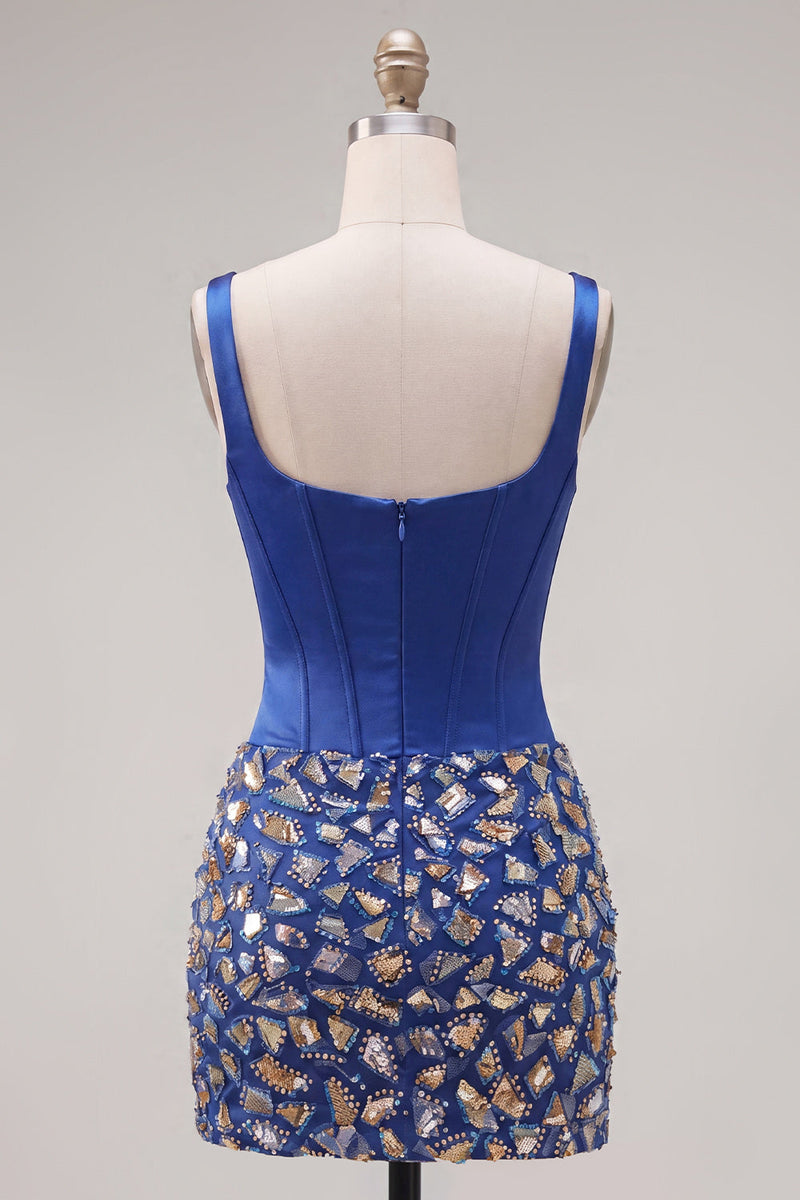 Load image into Gallery viewer, Sparkly Corset Beaded Mirror Dark Blue Tight Short Cocktail Dress