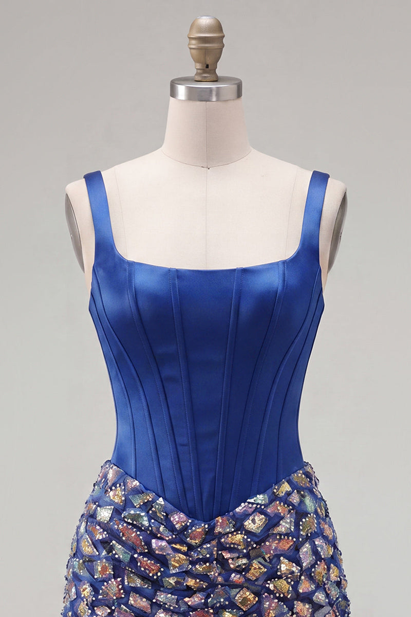 Load image into Gallery viewer, Sparkly Corset Beaded Mirror Dark Blue Tight Short Cocktail Dress