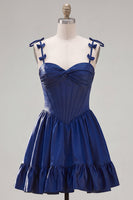 Load image into Gallery viewer, Navy Ruffled A-Line Short Corset Cocktail Dress with Bows