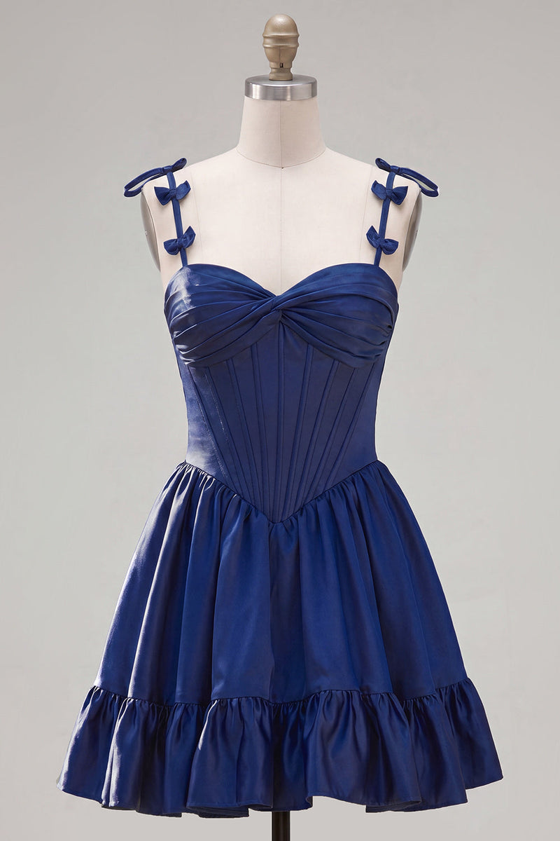 Load image into Gallery viewer, Navy Ruffled A-Line Short Corset Cocktail Dress with Bows