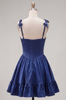 Load image into Gallery viewer, Navy Ruffled A-Line Short Corset Cocktail Dress with Bows