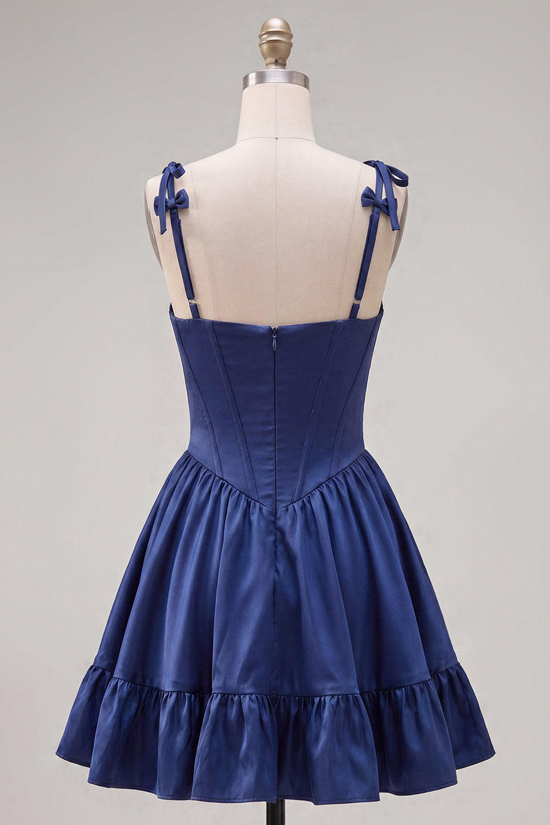 Load image into Gallery viewer, Navy Ruffled A-Line Short Corset Cocktail Dress with Bows