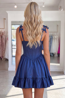 Navy Ruffled A-Line Short Corset Cocktail Dress with Bows