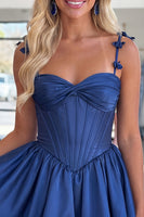 Load image into Gallery viewer, Navy Ruffled A-Line Short Corset Cocktail Dress with Bows
