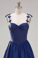 Load image into Gallery viewer, Navy Ruffled A-Line Short Corset Cocktail Dress with Bows