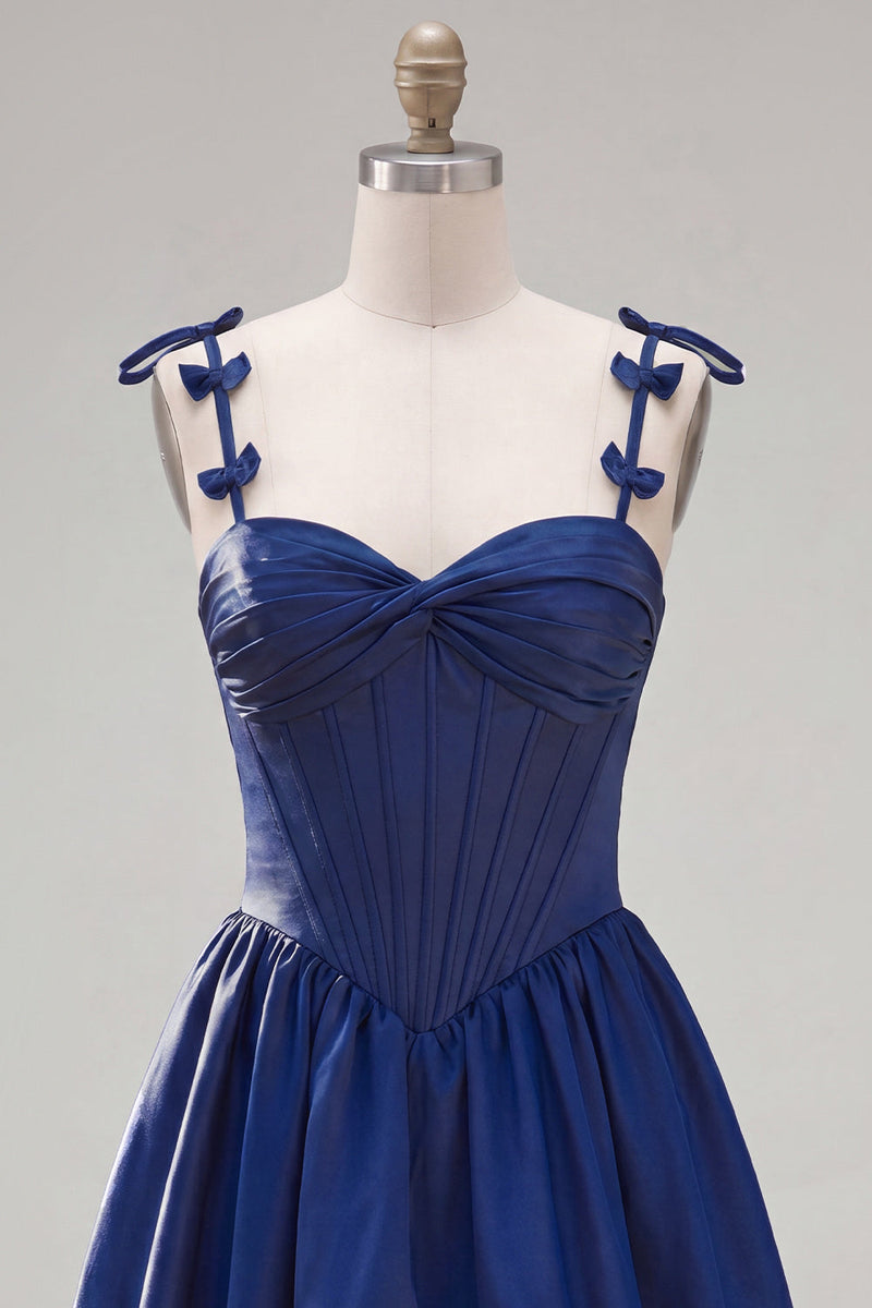 Load image into Gallery viewer, Navy Ruffled A-Line Short Corset Cocktail Dress with Bows