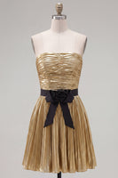 Load image into Gallery viewer, Golden Metallic Pleated A-Line Short Cocktail Dress with Bow