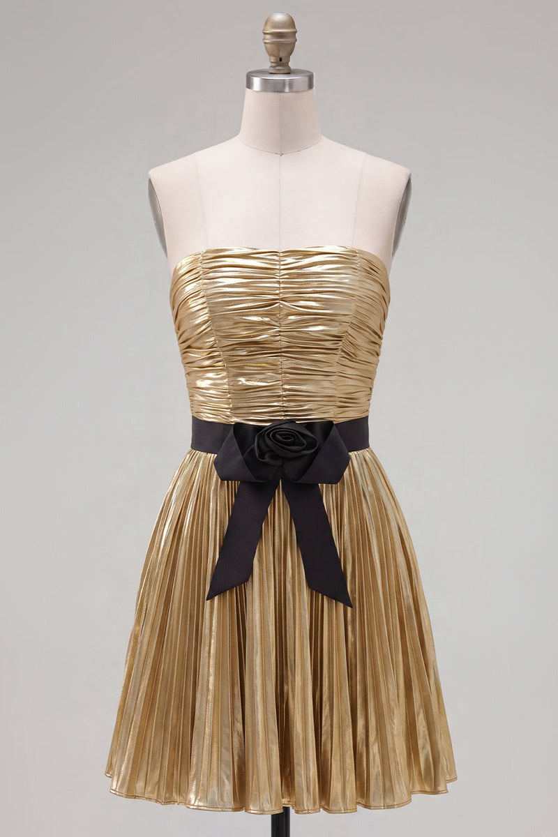 Load image into Gallery viewer, Golden Metallic Pleated A-Line Short Cocktail Dress with Bow