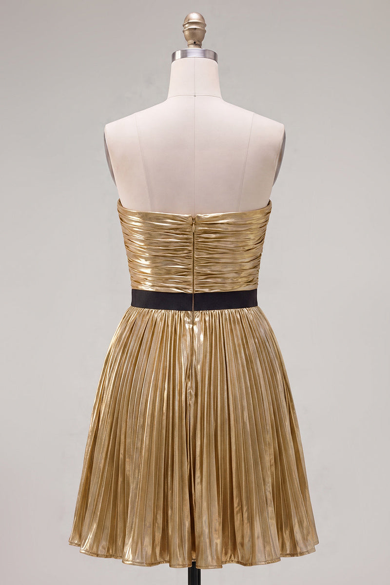 Load image into Gallery viewer, Golden Metallic Pleated A-Line Short Cocktail Dress with Bow