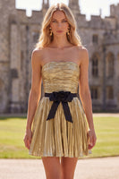 Load image into Gallery viewer, Golden Metallic Pleated A-Line Short Cocktail Dress with Bow