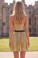 Load image into Gallery viewer, Golden Metallic Pleated A-Line Short Cocktail Dress with Bow