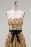 Load image into Gallery viewer, Golden Metallic Pleated A-Line Short Cocktail Dress with Bow