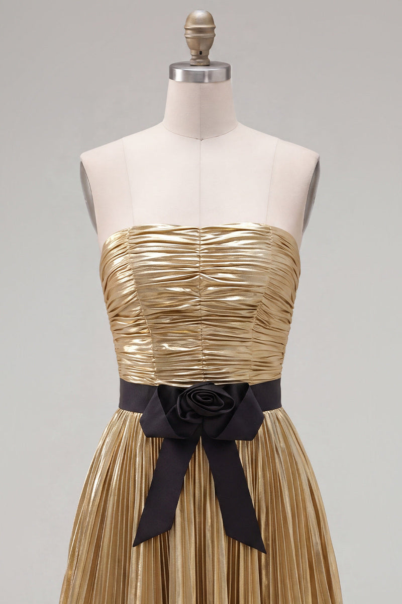 Load image into Gallery viewer, Golden Metallic Pleated A-Line Short Cocktail Dress with Bow