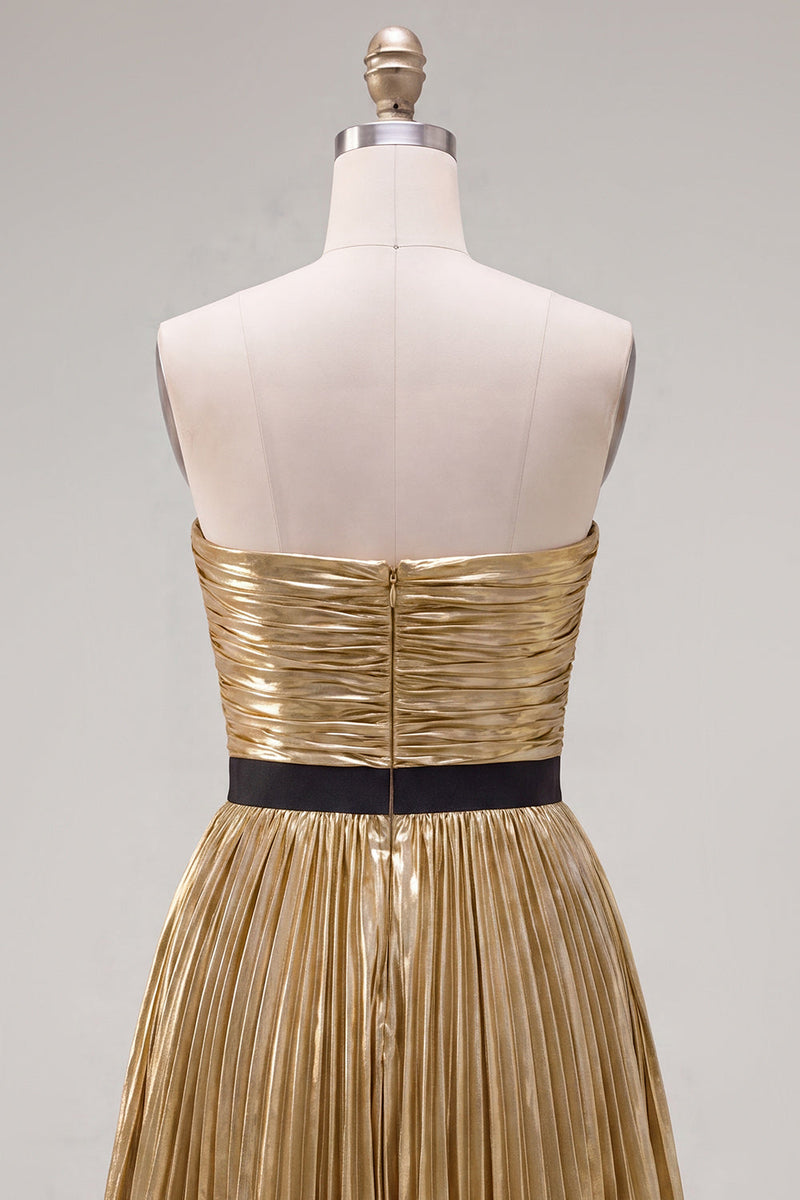 Load image into Gallery viewer, Golden Metallic Pleated A-Line Short Cocktail Dress with Bow