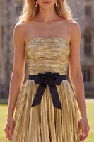 Load image into Gallery viewer, Golden Metallic Pleated A-Line Short Cocktail Dress with Bow