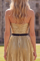Load image into Gallery viewer, Golden Metallic Pleated A-Line Short Cocktail Dress with Bow