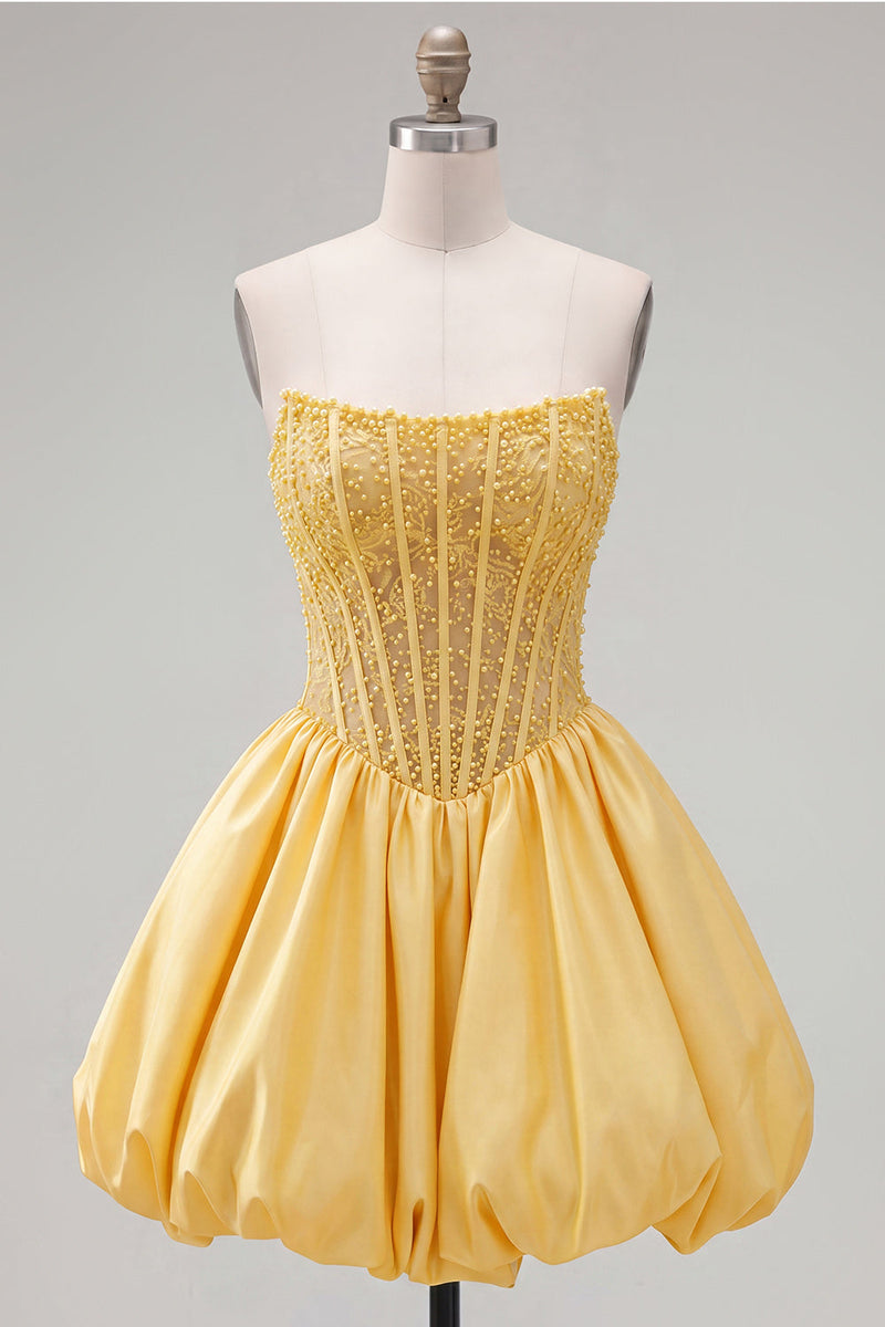 Load image into Gallery viewer, Yellow Strapless Beaded A-Line Corset Short Cocktail Dress