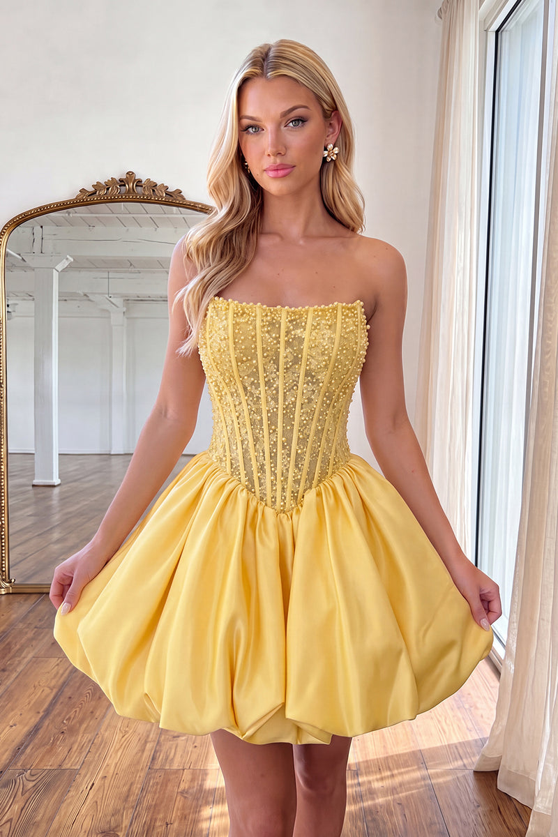 Load image into Gallery viewer, Yellow Strapless Beaded A-Line Corset Short Cocktail Dress