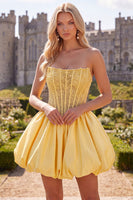 Load image into Gallery viewer, Yellow Strapless Beaded A-Line Corset Short Cocktail Dress