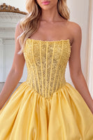 Load image into Gallery viewer, Yellow Strapless Beaded A-Line Corset Short Cocktail Dress