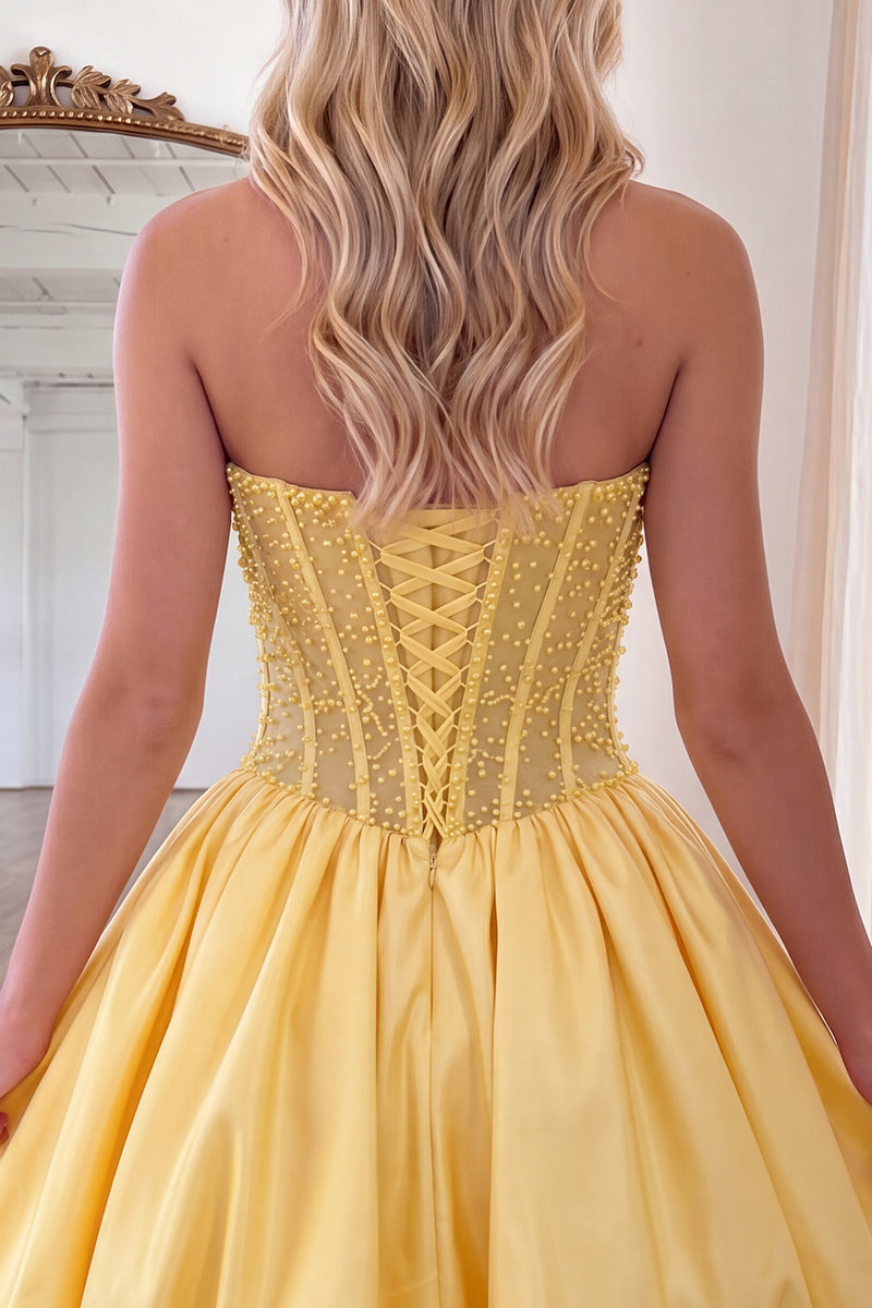 Load image into Gallery viewer, Yellow Strapless Beaded A-Line Corset Short Cocktail Dress
