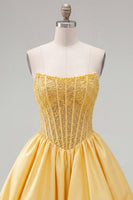 Load image into Gallery viewer, Yellow Strapless Beaded A-Line Corset Short Cocktail Dress