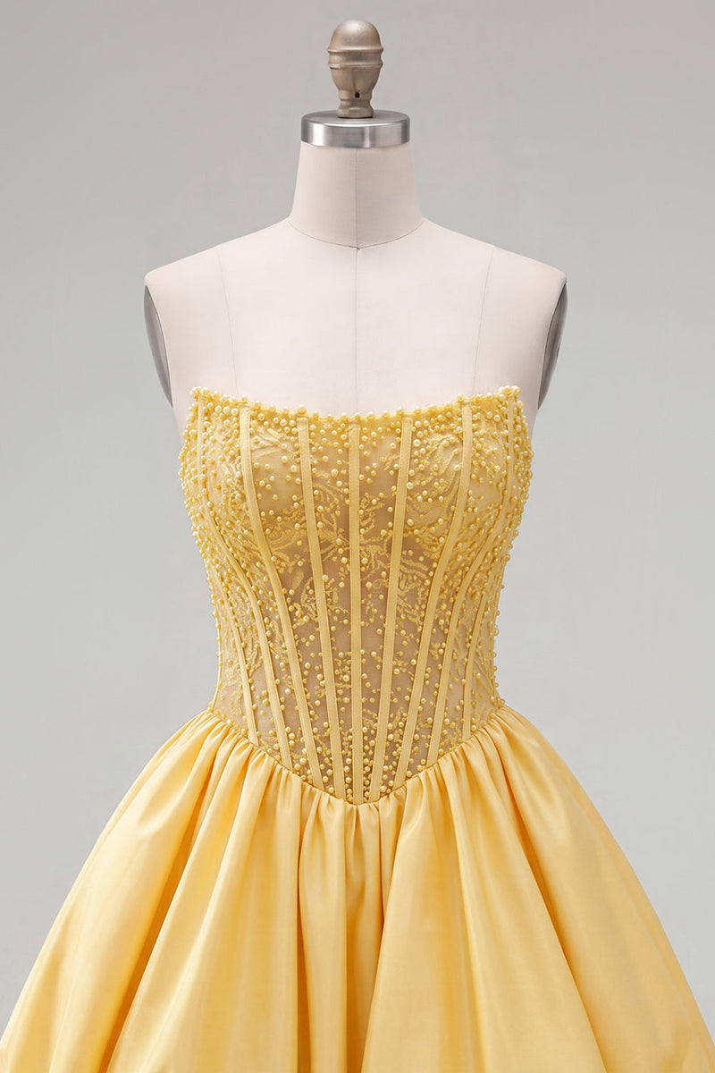 Load image into Gallery viewer, Yellow Strapless Beaded A-Line Corset Short Cocktail Dress