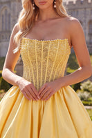 Load image into Gallery viewer, Yellow Strapless Beaded A-Line Corset Short Cocktail Dress