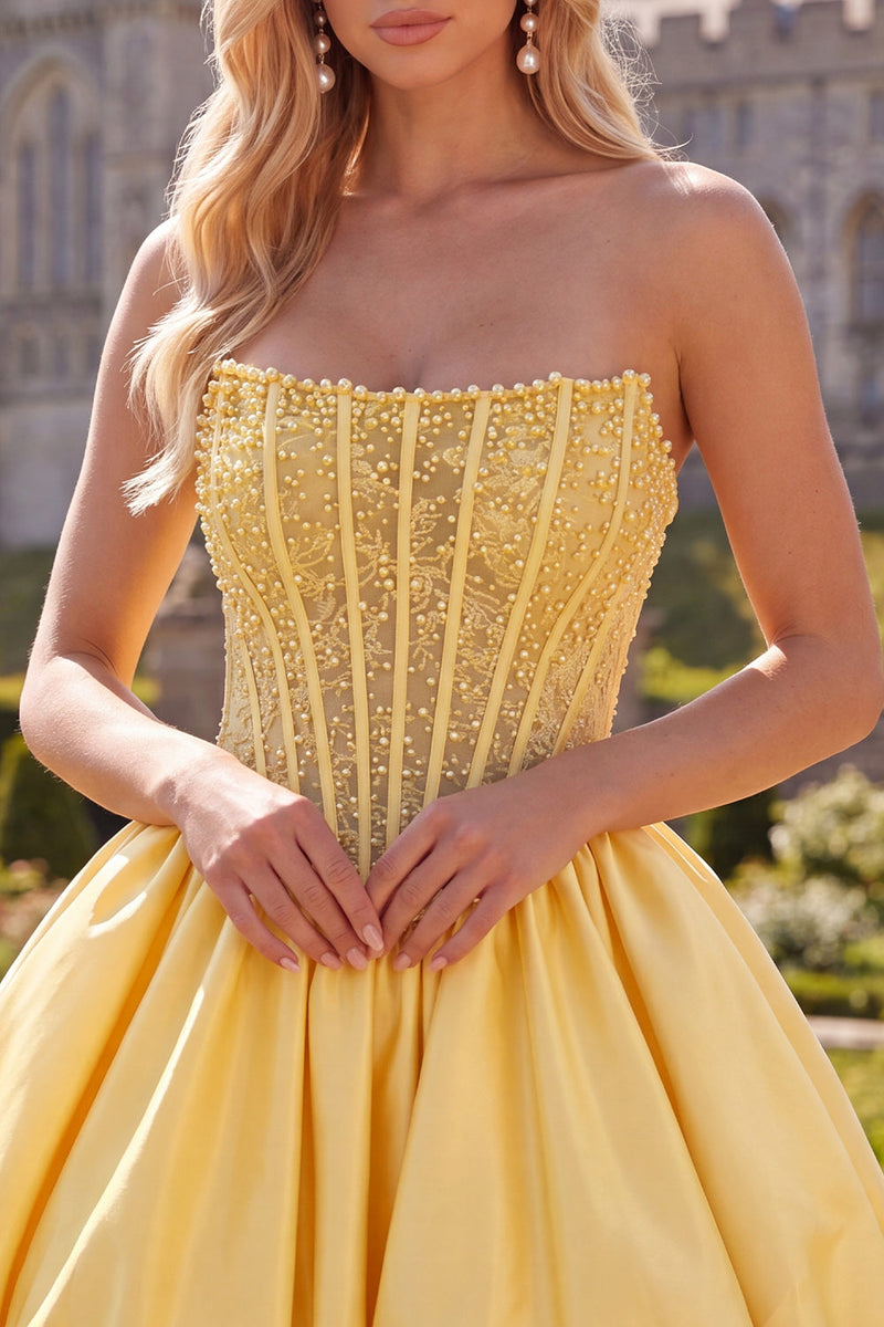Load image into Gallery viewer, Yellow Strapless Beaded A-Line Corset Short Cocktail Dress