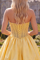 Load image into Gallery viewer, Yellow Strapless Beaded A-Line Corset Short Cocktail Dress