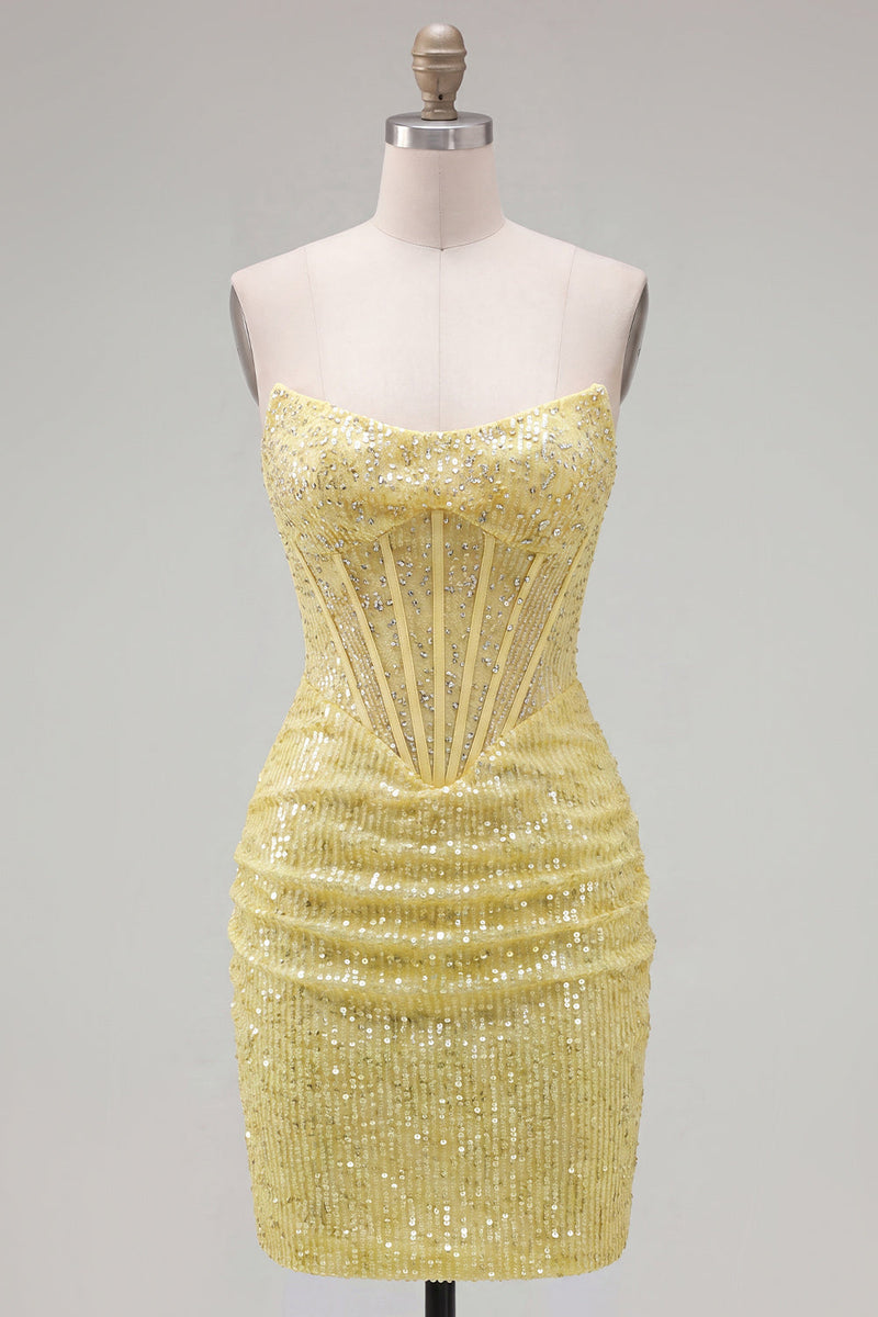 Load image into Gallery viewer, Sparkly Corset Yellow Sequin Tight Short Cocktail Dress