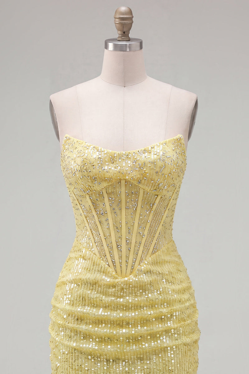 Load image into Gallery viewer, Sparkly Corset Yellow Sequin Tight Short Cocktail Dress