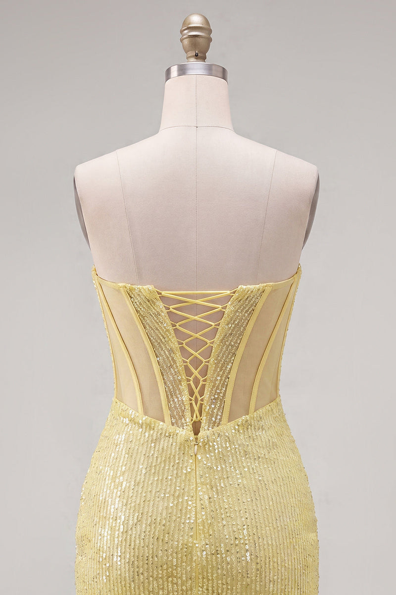 Load image into Gallery viewer, Sparkly Corset Yellow Sequin Tight Short Cocktail Dress