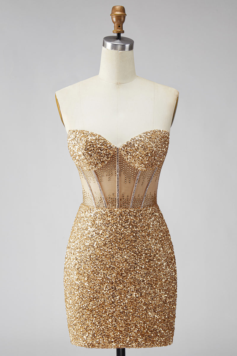 Load image into Gallery viewer, Sparkly Sequin Golden Corset Tight Short Cocktail Dress