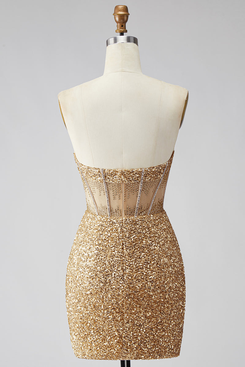 Load image into Gallery viewer, Sparkly Sequin Golden Corset Tight Short Cocktail Dress