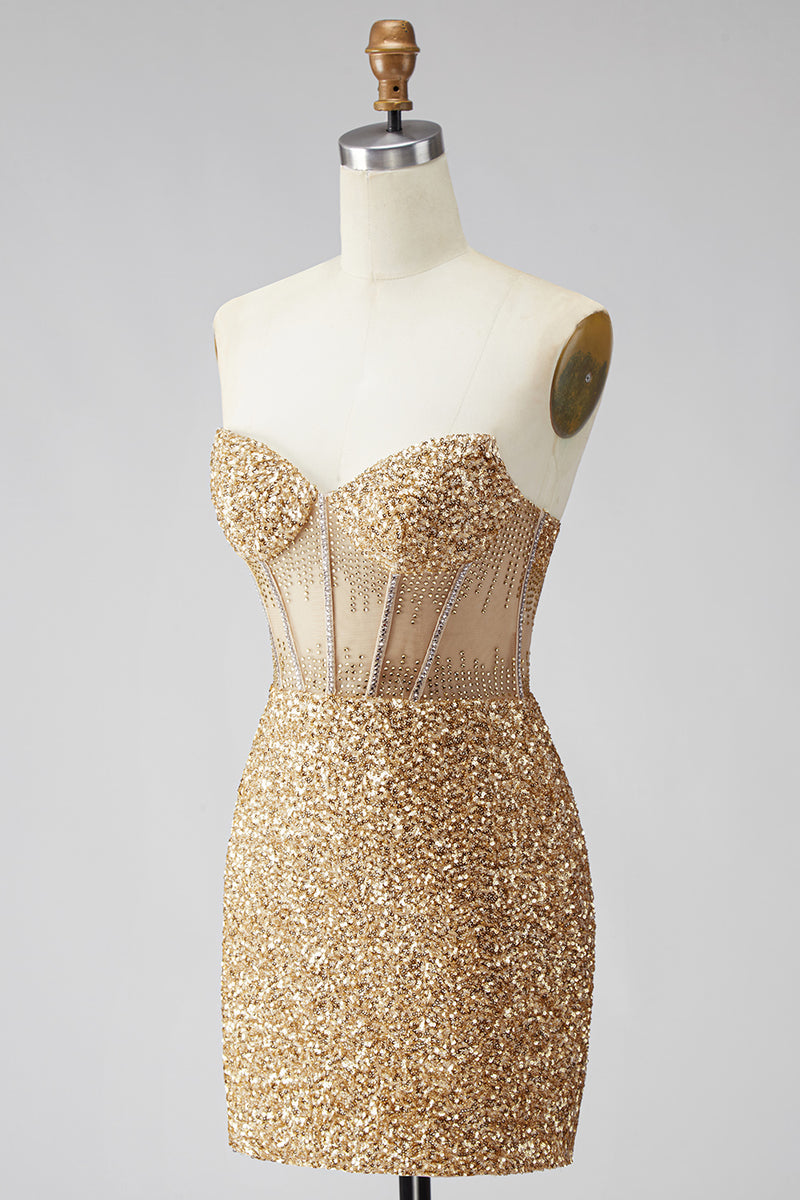 Load image into Gallery viewer, Sparkly Sequin Golden Corset Tight Short Cocktail Dress