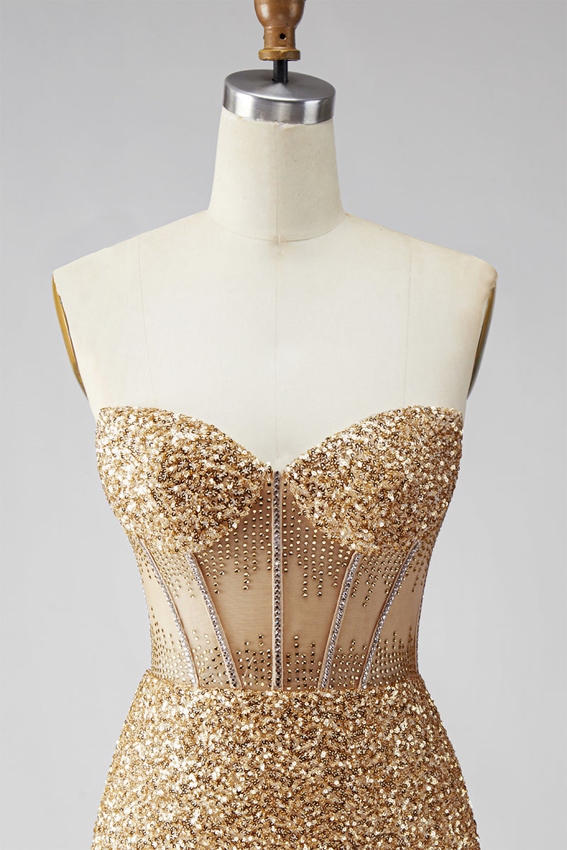 Load image into Gallery viewer, Sparkly Sequin Golden Corset Tight Short Cocktail Dress