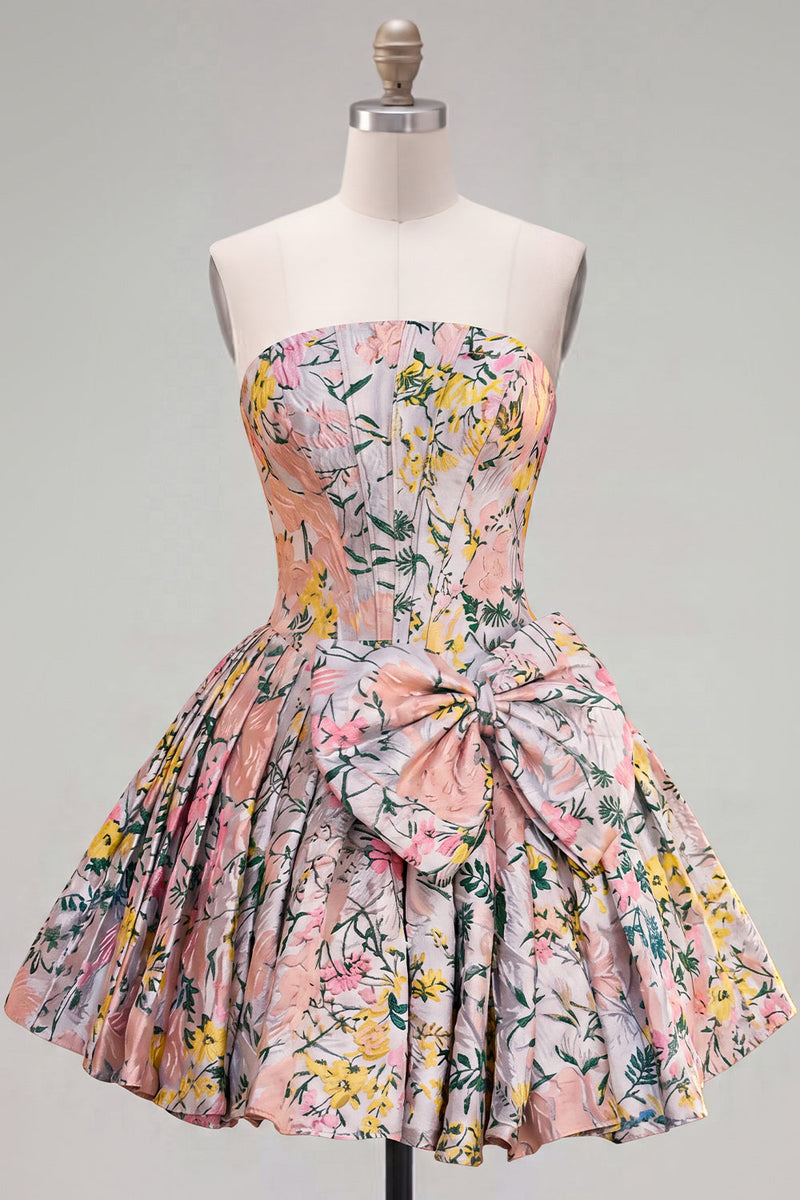 Load image into Gallery viewer, Grey Jacquard Corset A-Line Short Cocktail Dress with Bow