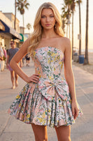 Load image into Gallery viewer, Grey Jacquard Corset A-Line Short Cocktail Dress with Bow