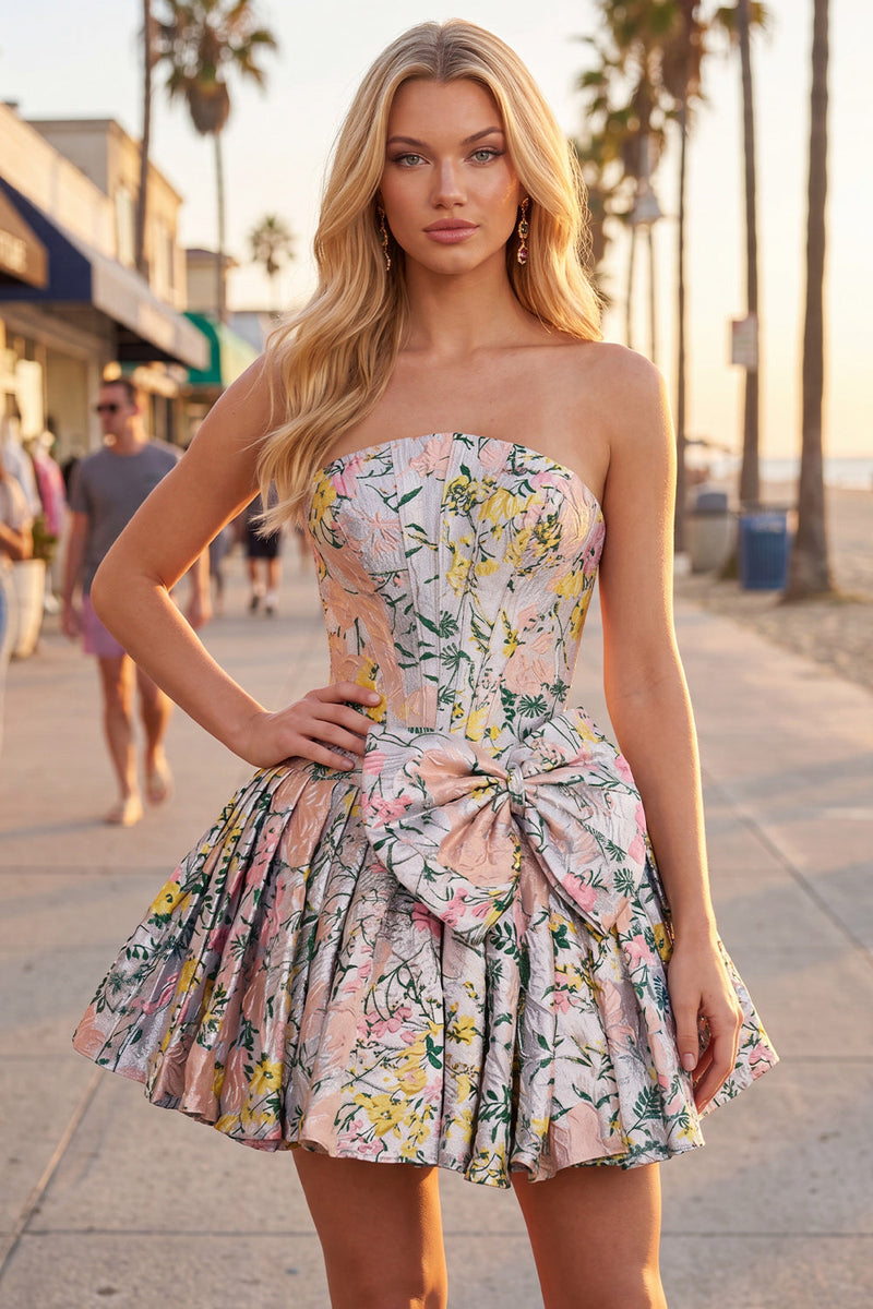Load image into Gallery viewer, Grey Jacquard Corset A-Line Short Cocktail Dress with Bow